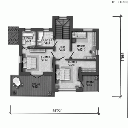 Y-144-1P проект двухэтажного дома из газобетона размером 13 на 12 - 2-й этаж