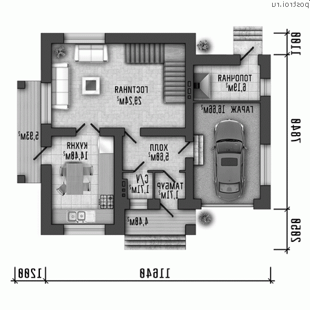 Y-150-1P проект двухэтажного коттеджа из пеноблоков с гаражом размером 13 на 11 - 1-й этаж