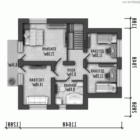 Y-150-1P проект двухэтажного коттеджа из пеноблоков с гаражом размером 13 на 11 - 2-й этаж