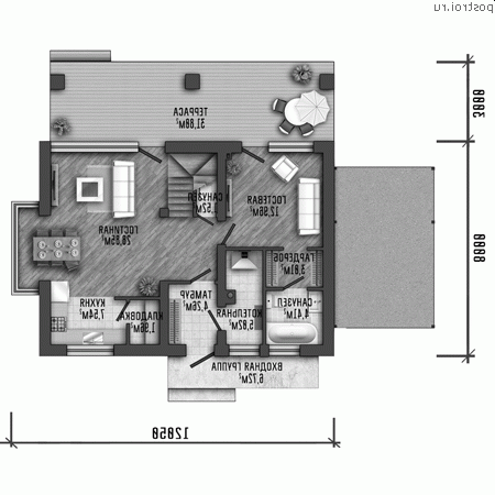 Y-152-1P проект двухэтажного коттеджа из пеноблоков с мансардой и гаражом размером 12 на 9 - 1-й этаж