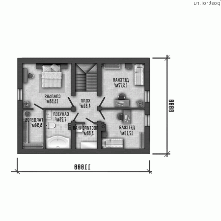 Y-152-1P проект двухэтажного коттеджа из пеноблоков с мансардой и гаражом размером 12 на 9 - мансарда