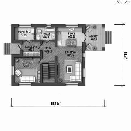 Y-165-1P проект двухэтажного дома из пеноблоков размером 9 на 14 - 1-й этаж