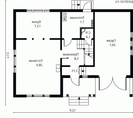 Y-167-1D проект двухэтажного деревянного дома из бруса с гаражом размером 11 на 13  - 1-й этаж