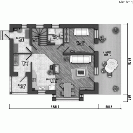 Y-170-1P проект двухэтажного дома из пеноблоков размером 12 на 10 - 1-й этаж