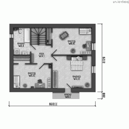 Y-170-1P проект двухэтажного дома из пеноблоков размером 12 на 10 - 2-й этаж
