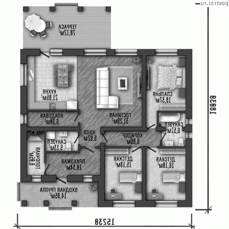 Y-171-1P проект одноэтажного дома из пеноблоков размером 15 на 18 - 1-й этаж
