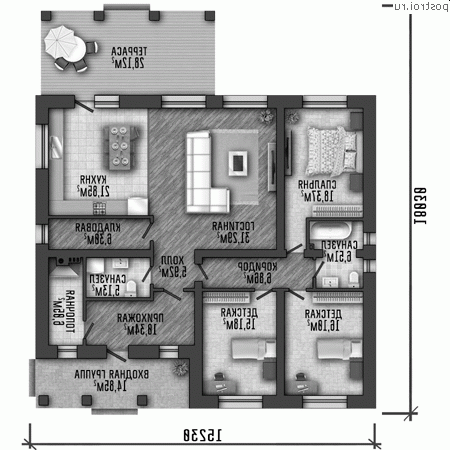Y-171-2P проект одноэтажного дома из пеноблоков размером 15 на 18 - 1-й этаж