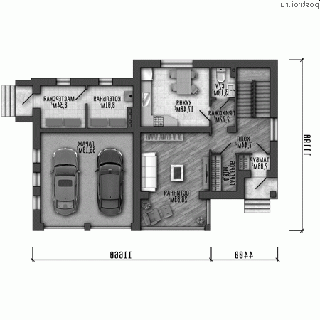 Y-173-1P проект двухэтажного дома из пеноблоков с гаражом размером 16 на 11 - 1-й этаж