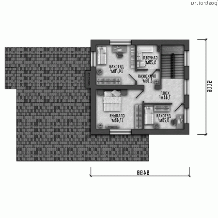 Y-173-1P проект двухэтажного дома из пеноблоков с гаражом размером 16 на 11 - 2-й этаж