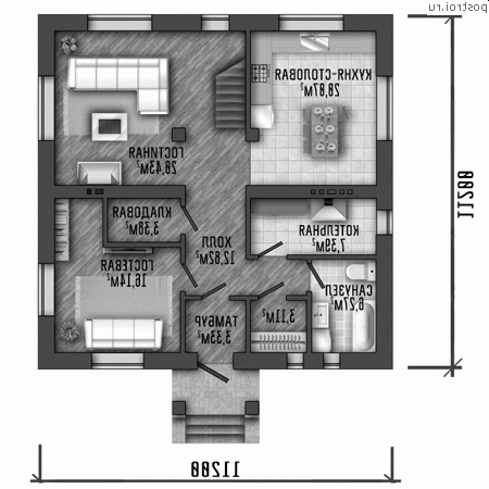 Y-189-1P проект двухэтажного дома из пеноблоков размером 11 на 11 - 1-й этаж