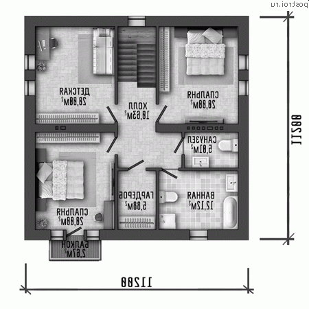 Y-189-1P проект двухэтажного дома из пеноблоков размером 11 на 11 - 2-й этаж