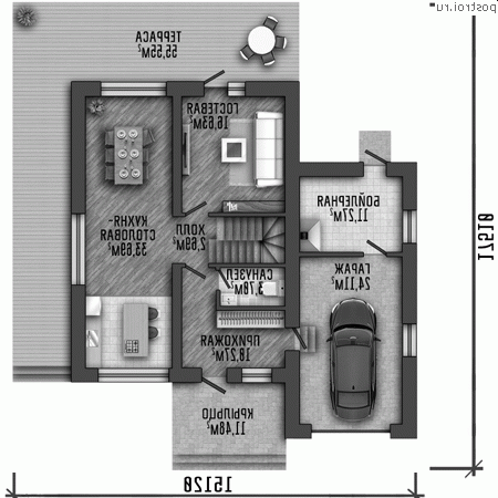 Y-198-1P проект двухэтажного коттеджа из пенобетона с гаражом размером 15 на 18 - 1-й этаж