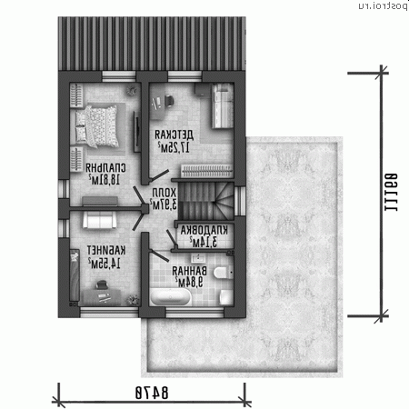 Y-198-1P проект двухэтажного коттеджа из пенобетона с гаражом размером 15 на 18 - 2-й этаж