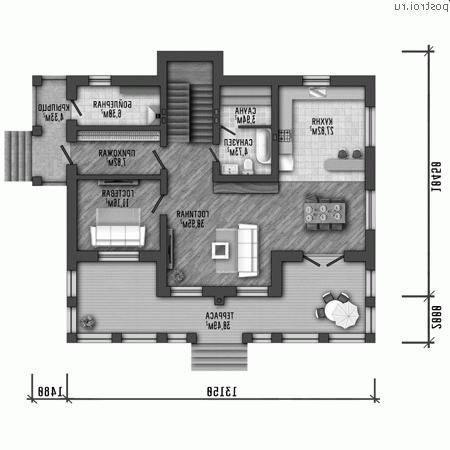 Y-199-1P проект двухэтажного коттеджа из пенобетона размером 12 на 15 - 1-й этаж
