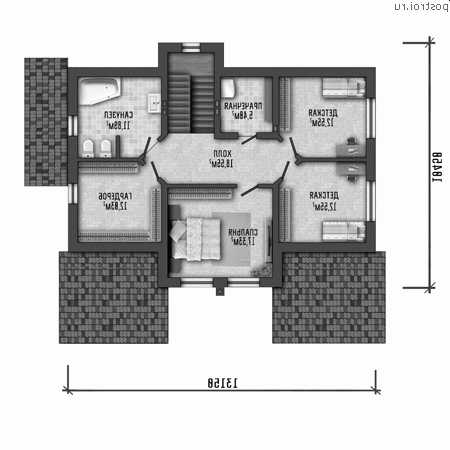 Y-199-1P проект двухэтажного коттеджа из пенобетона размером 12 на 15 - 2-й этаж