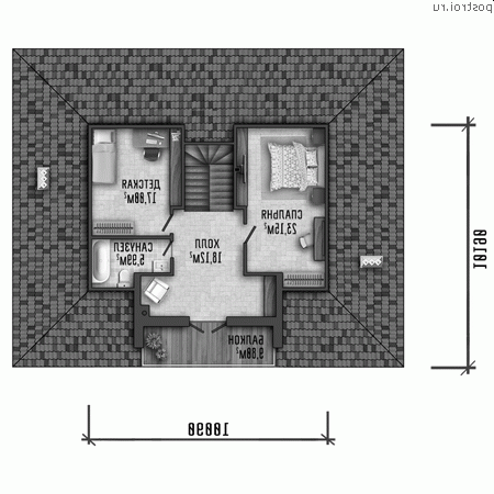 Y-205-1P проект одноэтажного дома из пенобетона с мансардой размером 15 на 13 - мансарда