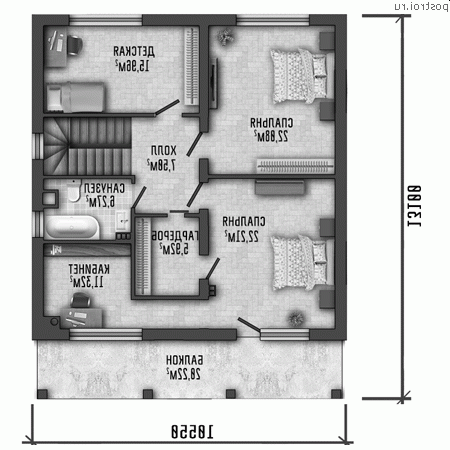 Y-206-1P проект двухэтажного дома из пенобетона размером 11 на 13 - 2-й этаж