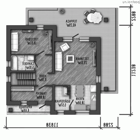 Y-212-1P проект одноэтажного дома из пенобетона с мансардой размером 12 на 11 - 1-й этаж