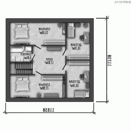 Y-212-1P проект одноэтажного дома из пенобетона с мансардой размером 12 на 11 - мансарда