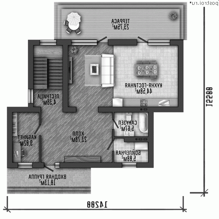 Y-213-1P проект двухэтажного дома из пенобетона размером 14 на 16 - 1-й этаж