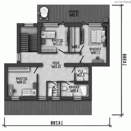 Y-213-1P проект двухэтажного дома из пенобетона размером 14 на 16 - 2-й этаж