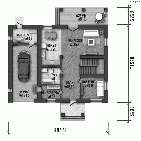 Y-215-1P проект двухэтажного коттеджа из газобетона с гаражом размером 14 на 11 - 1-й этаж