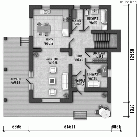 Y-217-1P проект двухэтажного дома из пенобетона размером 16 на 15 - 1-й этаж