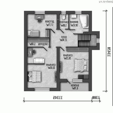 Y-217-1P проект двухэтажного дома из пенобетона размером 16 на 15 - 2-й этаж