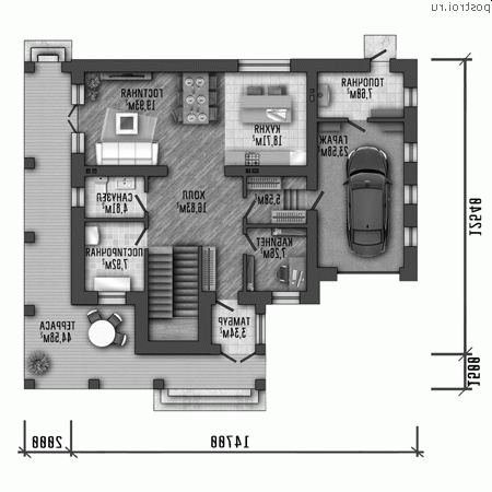 Y-219-1P проект двухэтажного дома из пенобетона с гаражом размером 15 на 13 - 1-й этаж
