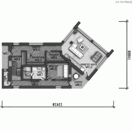 Y-234-1P проект одноэтажного дома из газобетона с мансардой размером 23 на 14  - 1-й этаж