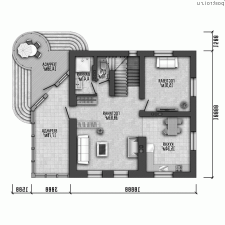 Y-245-1M проект двухэтажного монолитного дома с цоколем размером 12 на 15 - 1-й этаж