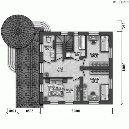 Y-245-1M проект двухэтажного монолитного дома с цоколем размером 12 на 15 - 2-й этаж
