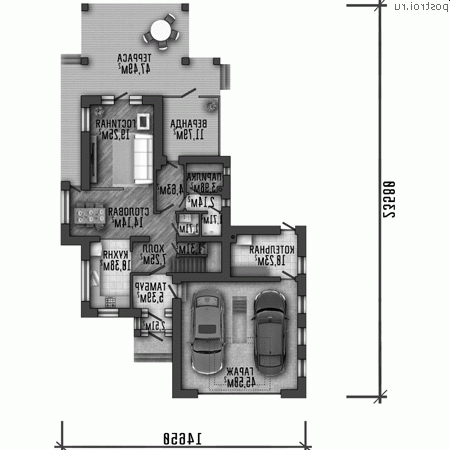Y-250-1P проект двухэтажного коттеджа из пеноблоков с гаражом размером 15 на 24 - 1-й этаж