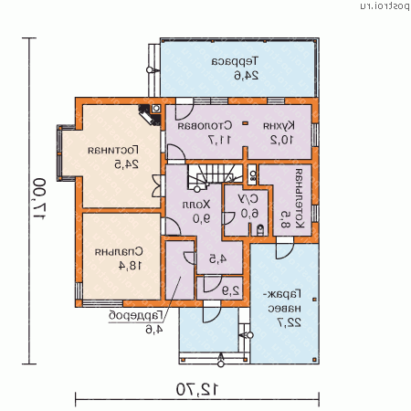 Y-258-1S проект двухэтажного каркасного коттеджа с мансардой и гаражом размером 17 на 13  - 1-й этаж