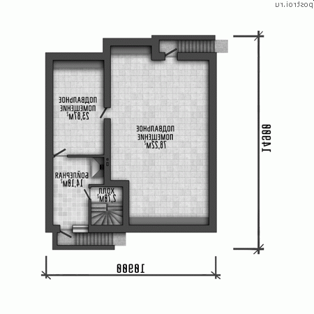 Y-261-1P проект одноэтажного дома из пеноблоков с цоколем размером 18 на 19  - цоколь