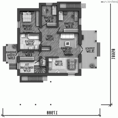 Y-261-1P проект одноэтажного дома из пеноблоков с цоколем размером 18 на 19  - 1-й этаж