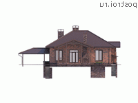 Y-261-1P проект одноэтажного дома из пеноблоков с цоколем размером 18 на 19  - вид сзади