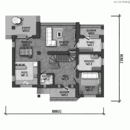 Y-264-1P проект двухэтажного дома из пеноблоков размером 15 на 13  - 1-й этаж
