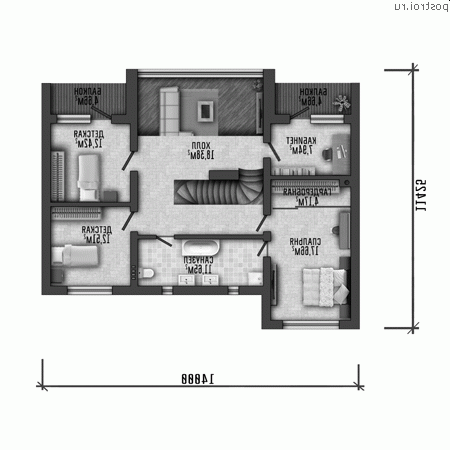 Y-264-1P проект двухэтажного дома из пеноблоков размером 15 на 13  - 2-й этаж