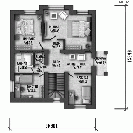 Y-267-1P проект двухэтажного дома из пеноблоков с цоколем размером 11 на 13 - 2-й этаж