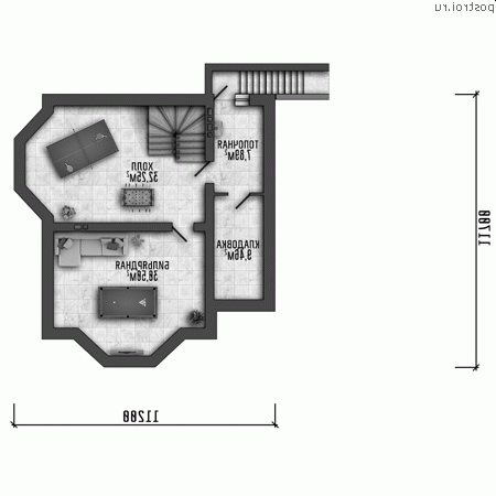 Y-274-1P проект двухэтажного дома из пеноблоков с цоколем и гаражом размером 19 на 12 - цоколь