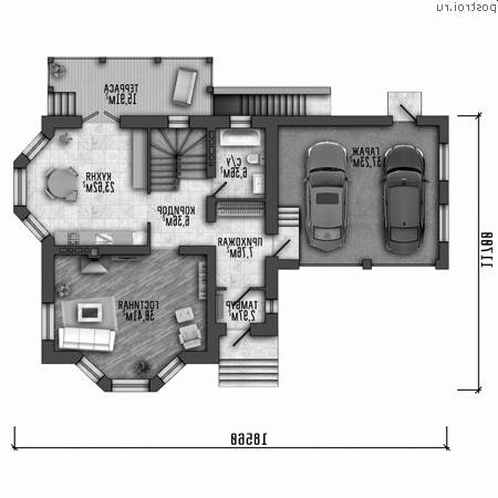 Y-274-1P проект двухэтажного дома из пеноблоков с цоколем и гаражом размером 19 на 12 - 1-й этаж