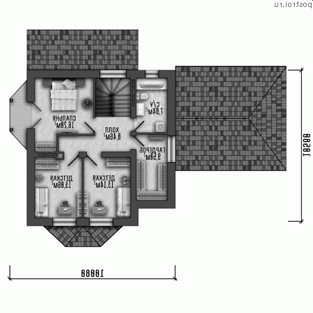 Y-274-1P проект двухэтажного дома из пеноблоков с цоколем и гаражом размером 19 на 12 - 2-й этаж