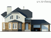 Y-274-1P проект двухэтажного дома из пеноблоков с цоколем и гаражом размером 19 на 12 - вид спереди