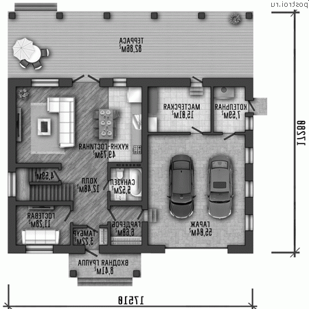 Y-293-1P проект двухэтажного дома из пеноблоков с гаражом размером 18 на 17 - 1-й этаж