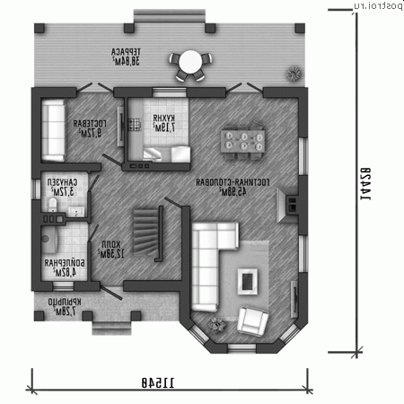 Y-307-1P проект трехэтажного коттеджа из пенобетона размером 12 на 14 - 1-й этаж