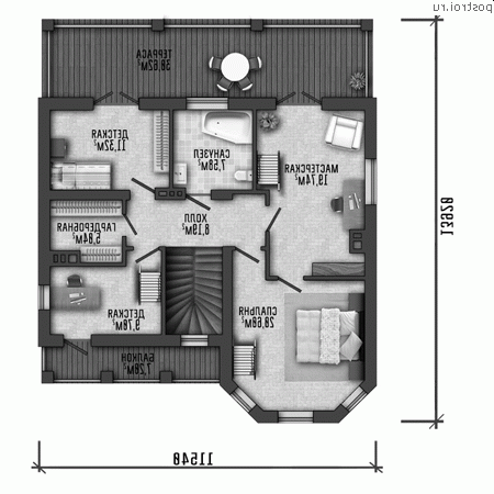 Y-307-1P проект трехэтажного коттеджа из пенобетона размером 12 на 14 - 2-й этаж