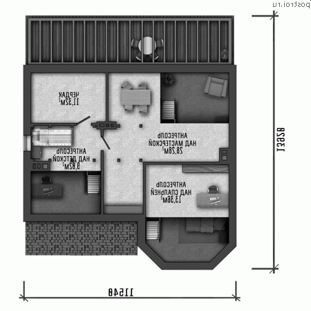 Y-307-1P проект трехэтажного коттеджа из пенобетона размером 12 на 14 - 3-й этаж
