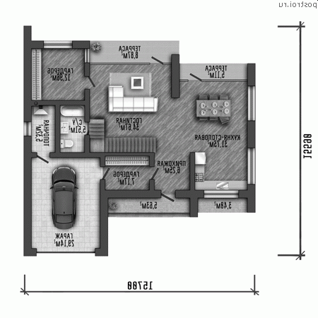 Y-362-1P проект трехэтажного дома из газобетона с гаражом размером 16 на 16 - 1-й этаж Y-362-1P проект трехэтажного дома из газобетона с гаражом размером 16 на 16 - 1-й этаж