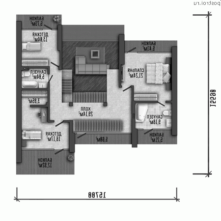 Y-362-1P проект трехэтажного дома из газобетона с гаражом размером 16 на 16 - 2-й этаж Y-362-1P проект трехэтажного дома из газобетона с гаражом размером 16 на 16 - 2-й этаж